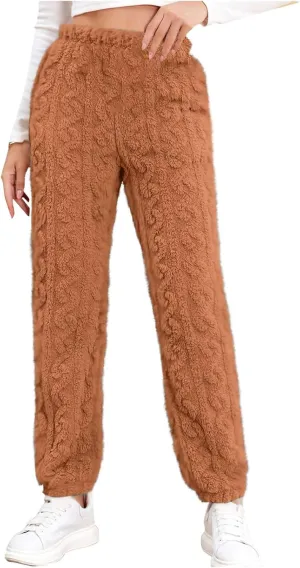 Women's Fuzzy Pajama Pants Elastic Waist Fleece Plush Twist Knitted Pj Pants with Pockets Comfort Home Lounge Pants