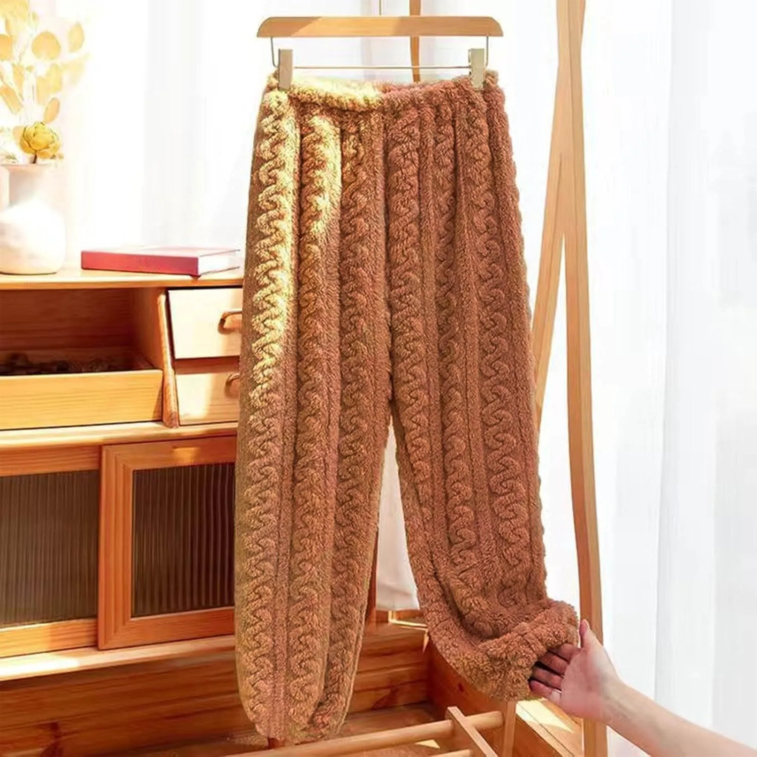 Women's Fuzzy Pajama Pants Elastic Waist Fleece Plush Twist Knitted Pj Pants with Pockets Comfort Home Lounge Pants