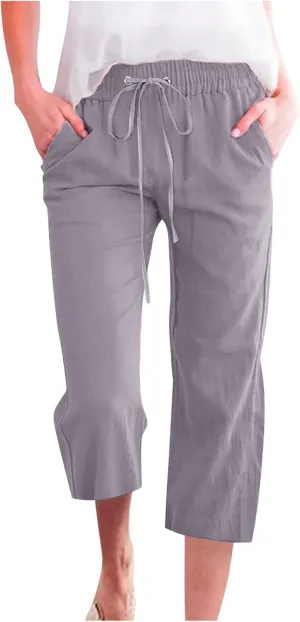 Women's Joggers Casual Straight Leg Capri Soft Pants Elastic Waist Lightweight Beach Capri Trouser with Pockets