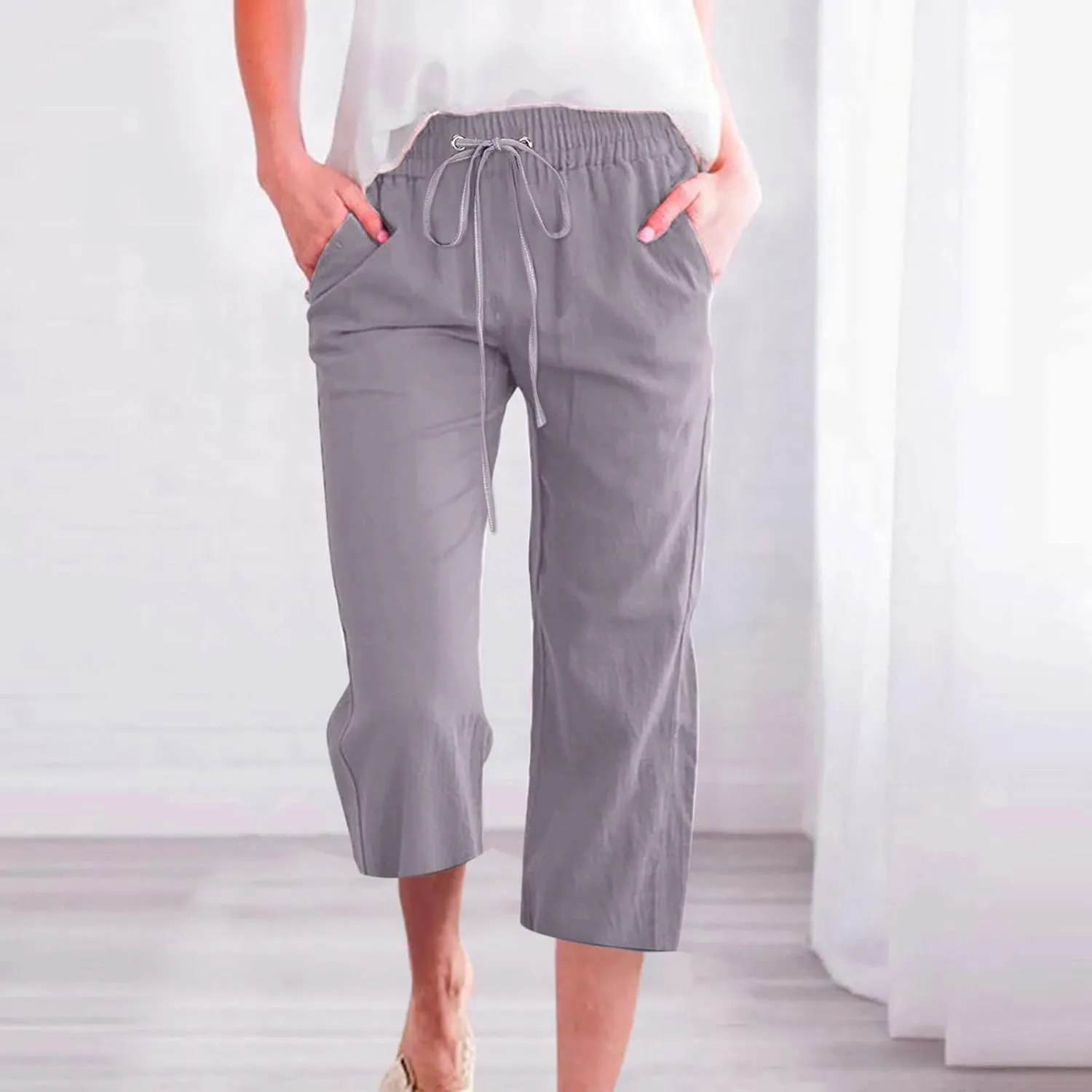 Women's Joggers Casual Straight Leg Capri Soft Pants Elastic Waist Lightweight Beach Capri Trouser with Pockets