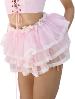 Womens Layered Ruffle Mini Skirt Y2k Pleated Lace Lingerie Skirt Mesh Tulle Elastic Frilly Fairy Princess Lolita Skirt