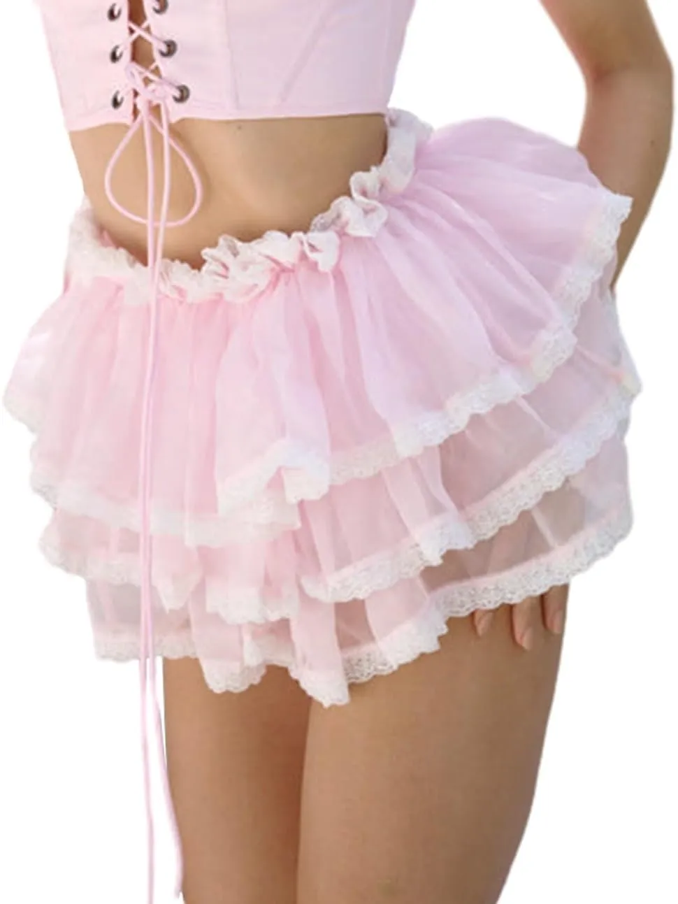 Womens Layered Ruffle Mini Skirt Y2k Pleated Lace Lingerie Skirt Mesh Tulle Elastic Frilly Fairy Princess Lolita Skirt