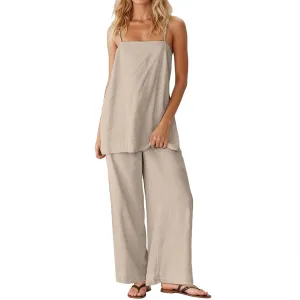 Women's Loose Linen Lounge Set 2-Piece Spaghetti Strap Tank Tops & Beach Pants Summer Vacation Travel Outfits