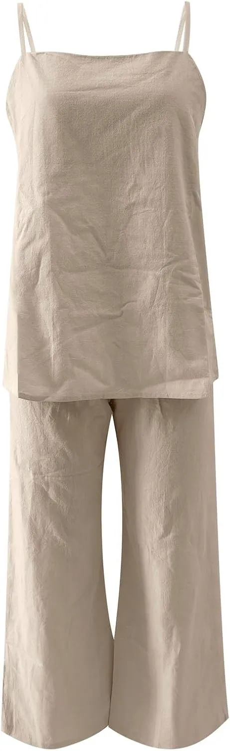 Women's Loose Linen Lounge Set 2-Piece Spaghetti Strap Tank Tops & Beach Pants Summer Vacation Travel Outfits
