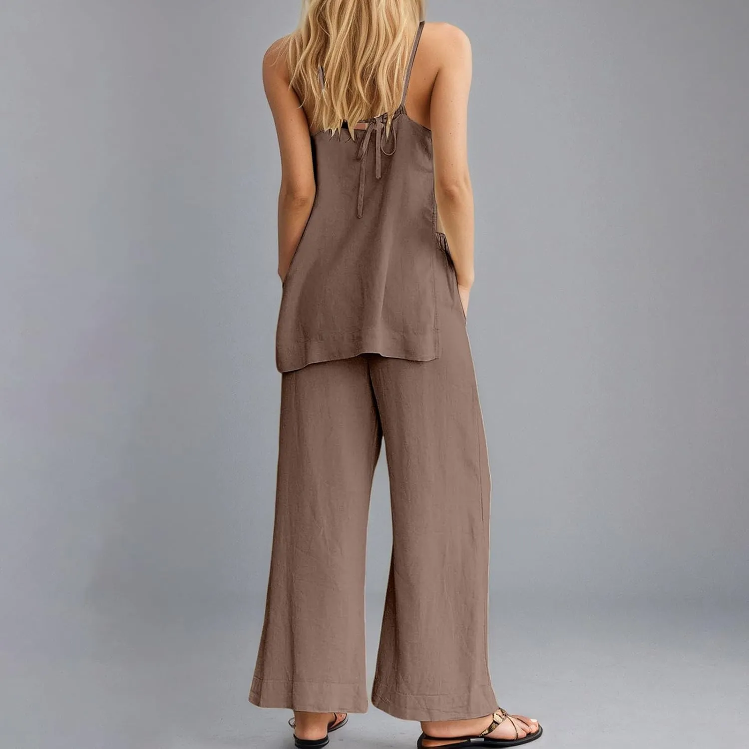 Women's Loose Linen Lounge Set 2-Piece Spaghetti Strap Tank Tops & Beach Pants Summer Vacation Travel Outfits