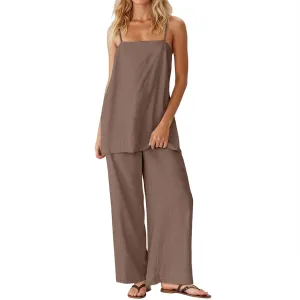 Women's Loose Linen Lounge Set 2-Piece Spaghetti Strap Tank Tops & Beach Pants Summer Vacation Travel Outfits