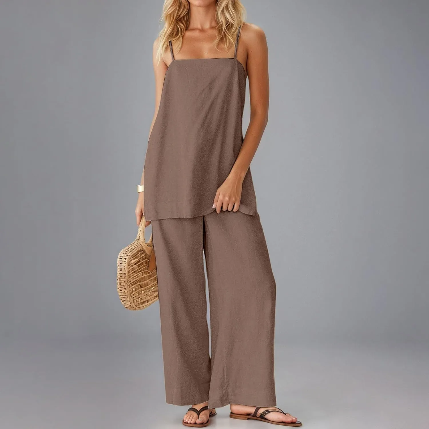 Women's Loose Linen Lounge Set 2-Piece Spaghetti Strap Tank Tops & Beach Pants Summer Vacation Travel Outfits