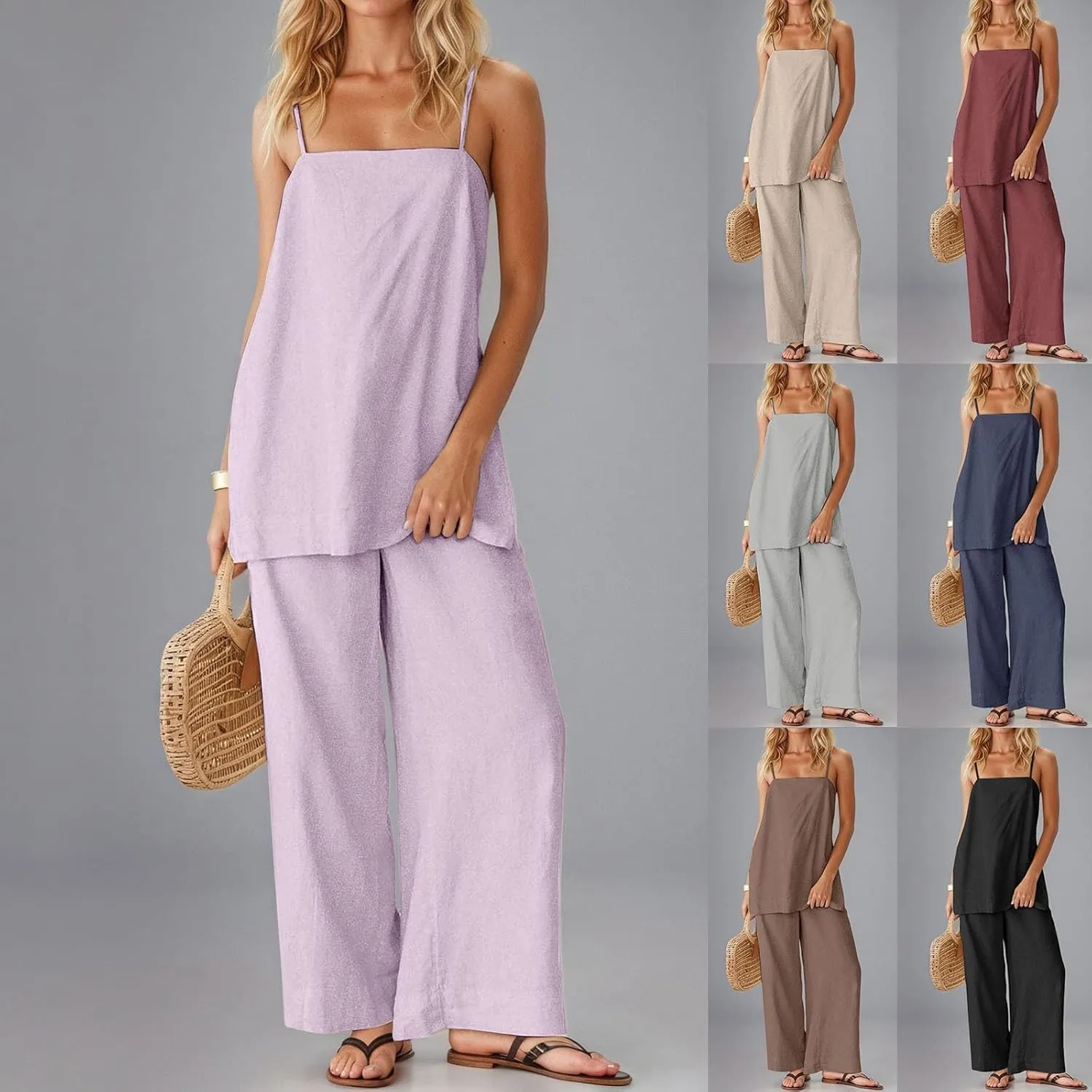Women's Loose Linen Lounge Set 2-Piece Spaghetti Strap Tank Tops & Beach Pants Summer Vacation Travel Outfits
