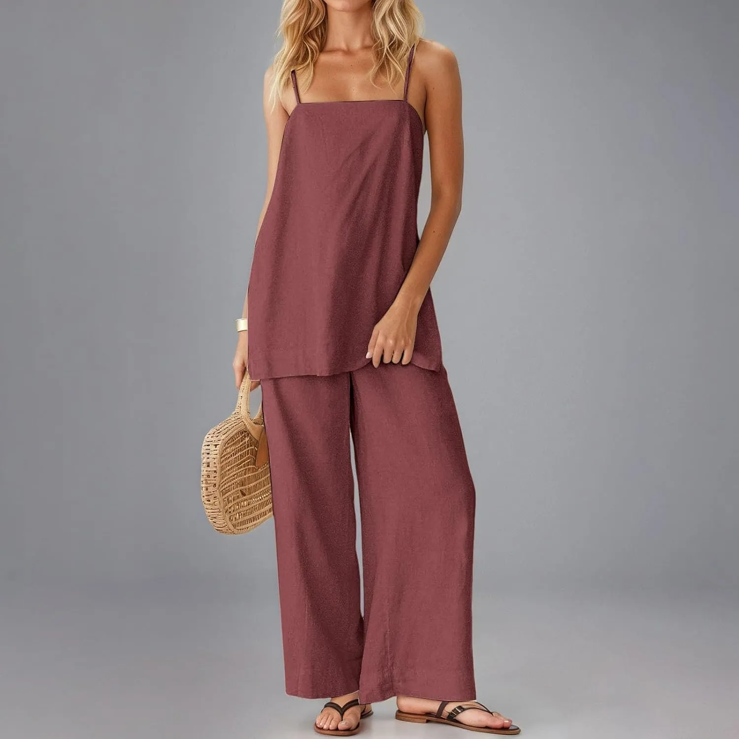 Women's Loose Linen Lounge Set 2-Piece Spaghetti Strap Tank Tops & Beach Pants Summer Vacation Travel Outfits