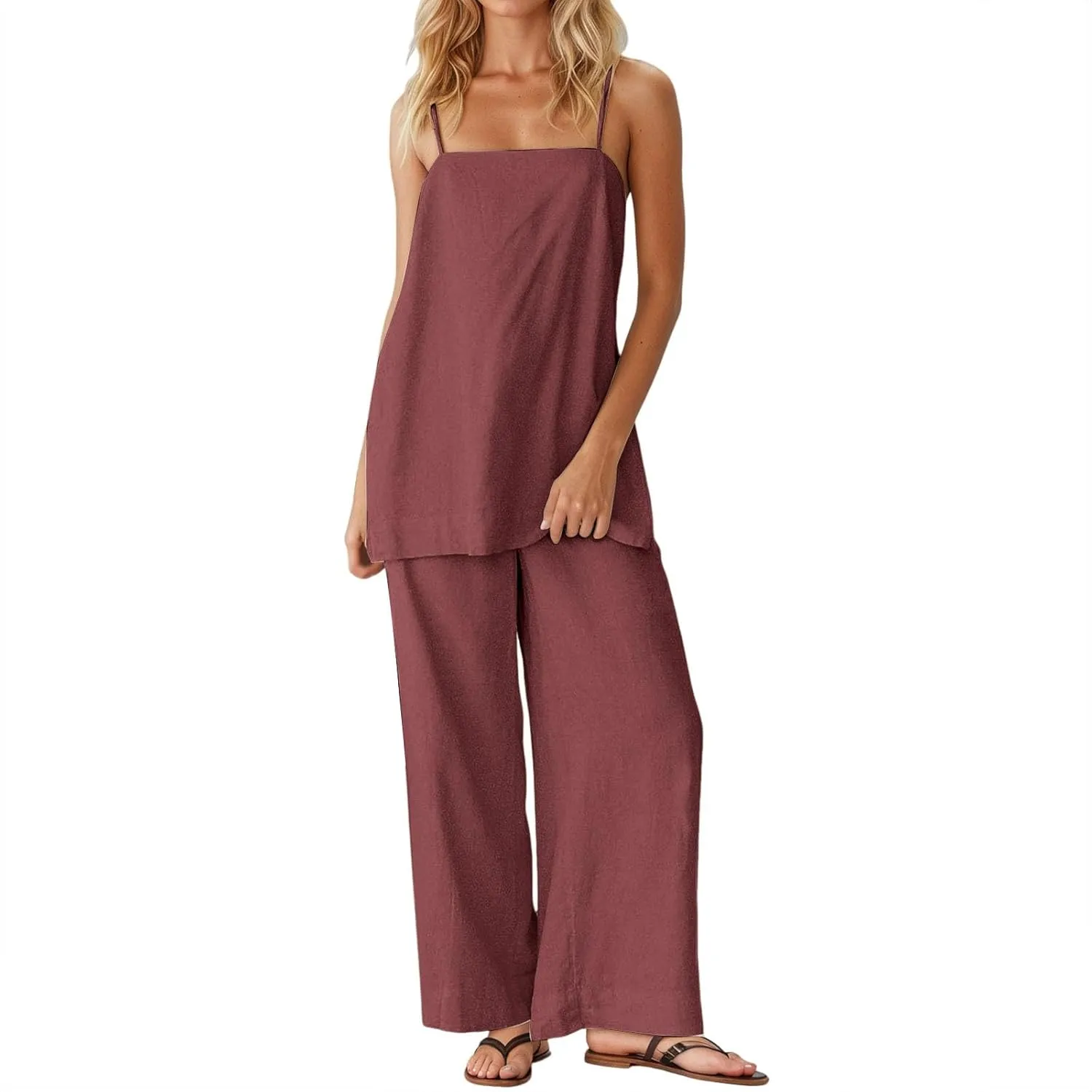 Women's Loose Linen Lounge Set 2-Piece Spaghetti Strap Tank Tops & Beach Pants Summer Vacation Travel Outfits