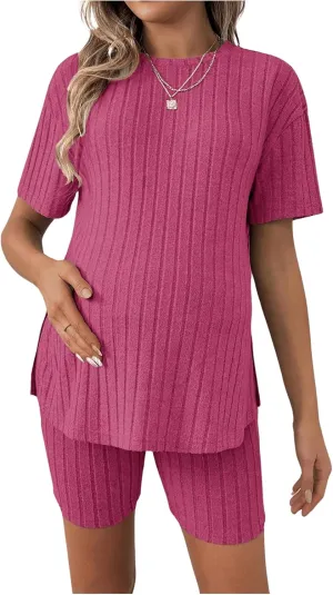 Women's Maternity Pajamas Set 2 Piece Outfits Rib Knit T Shirt and Biker Shorts Lounge Set Sleepwear