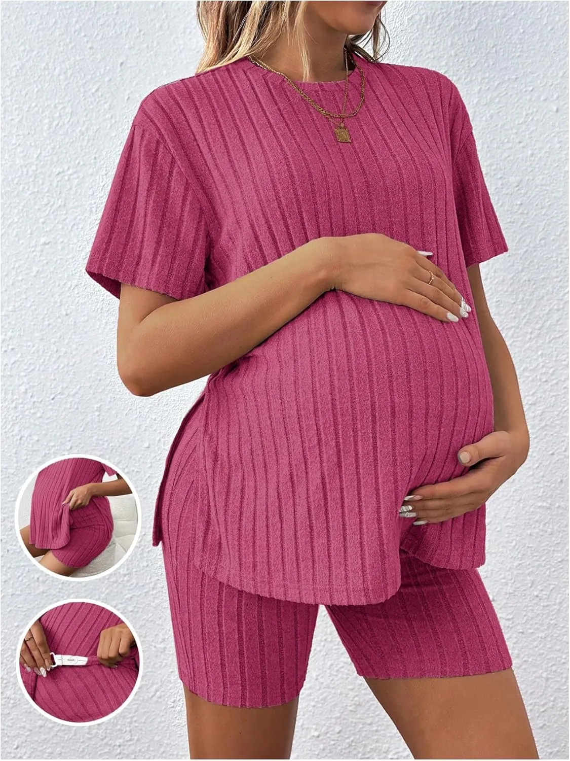 Women's Maternity Pajamas Set 2 Piece Outfits Rib Knit T Shirt and Biker Shorts Lounge Set Sleepwear