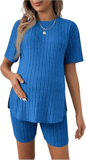 Women's Maternity Pajamas Set 2 Piece Outfits Rib Knit T Shirt and Biker Shorts Lounge Set Sleepwear