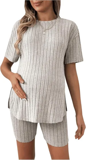 Women's Maternity Pajamas Set 2 Piece Outfits Rib Knit T Shirt and Biker Shorts Lounge Set Sleepwear