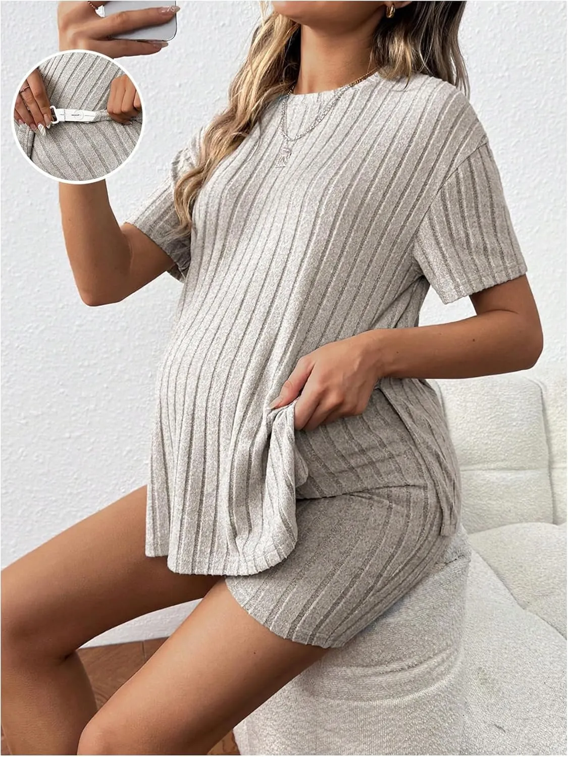 Women's Maternity Pajamas Set 2 Piece Outfits Rib Knit T Shirt and Biker Shorts Lounge Set Sleepwear
