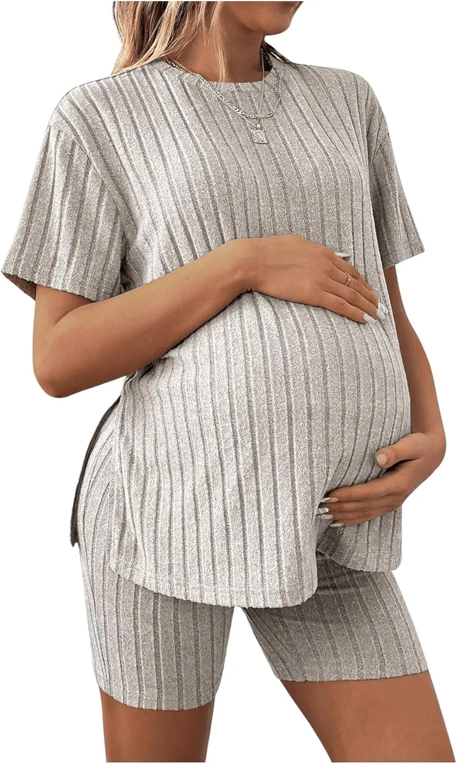 Women's Maternity Pajamas Set 2 Piece Outfits Rib Knit T Shirt and Biker Shorts Lounge Set Sleepwear