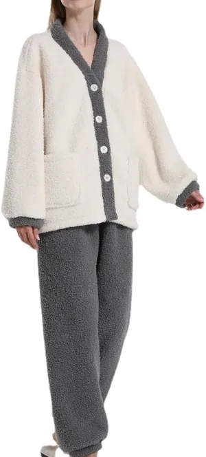 Womens Mens Pajama Sets Cute Winter Lounge Sets Kawaii Bear Fleece Cardgian Fuzzy Pajama Pants Cozy Pjs Loungewear