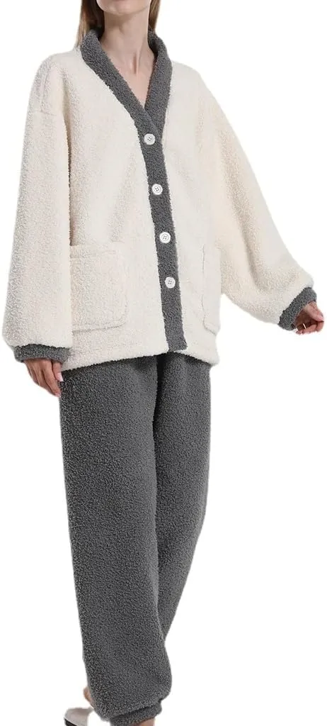 Womens Mens Pajama Sets Cute Winter Lounge Sets Kawaii Bear Fleece Cardgian Fuzzy Pajama Pants Cozy Pjs Loungewear