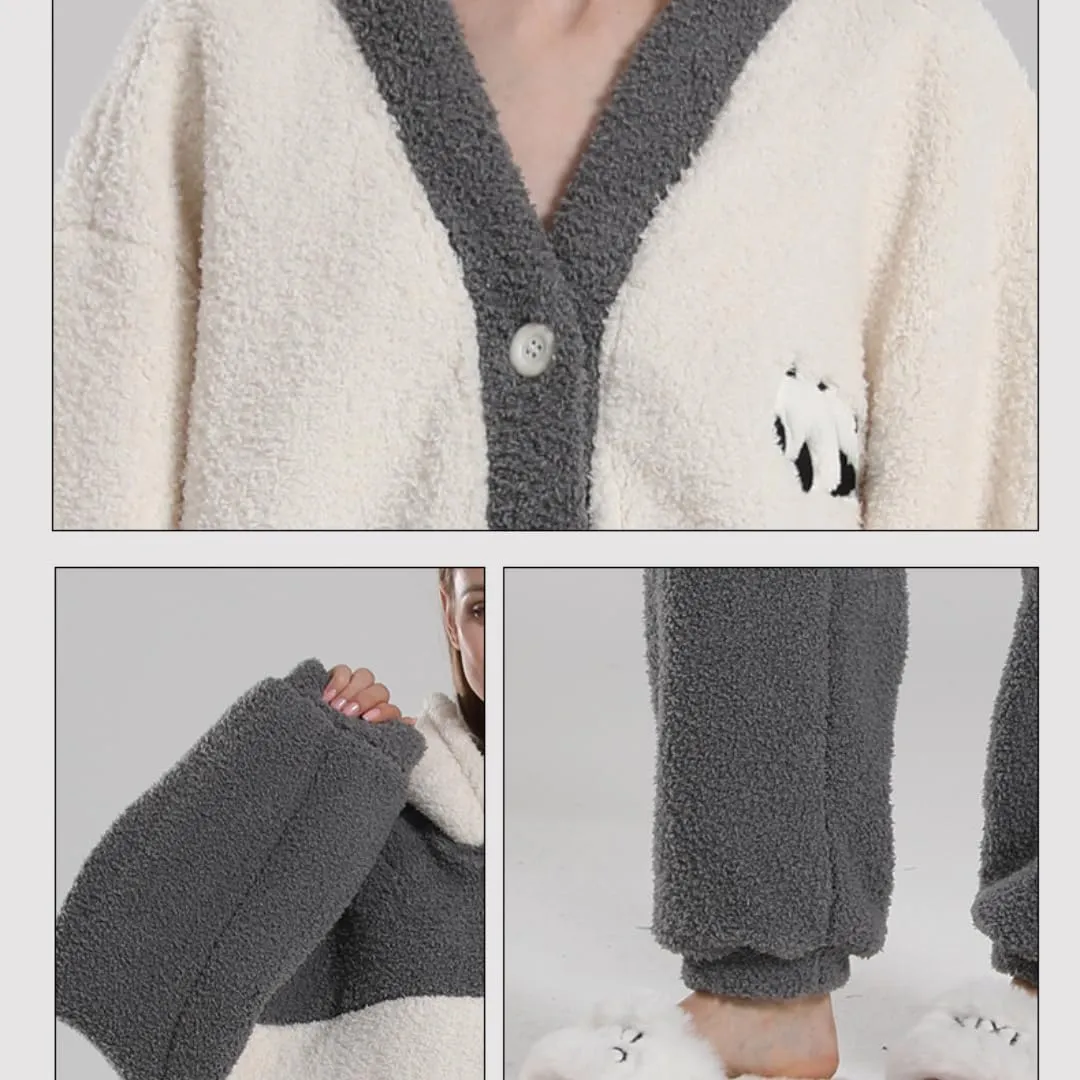 Womens Mens Pajama Sets Cute Winter Lounge Sets Kawaii Bear Fleece Cardgian Fuzzy Pajama Pants Cozy Pjs Loungewear