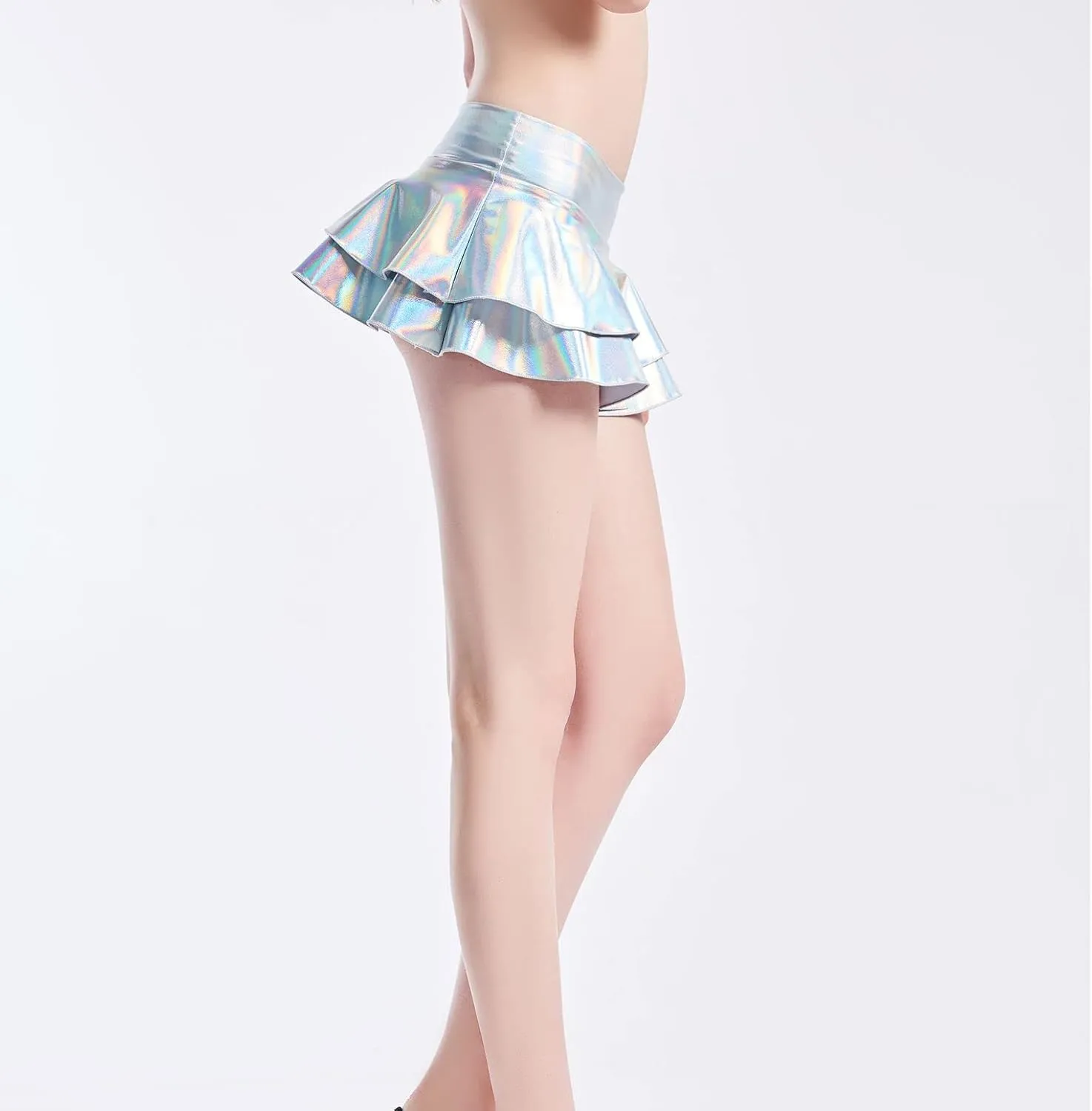 Women's Metallic Mini Skirt Pleated Ruffle Micro Skort Fashion Frilly Tiered Halloween Costume Short Scooter Skirts