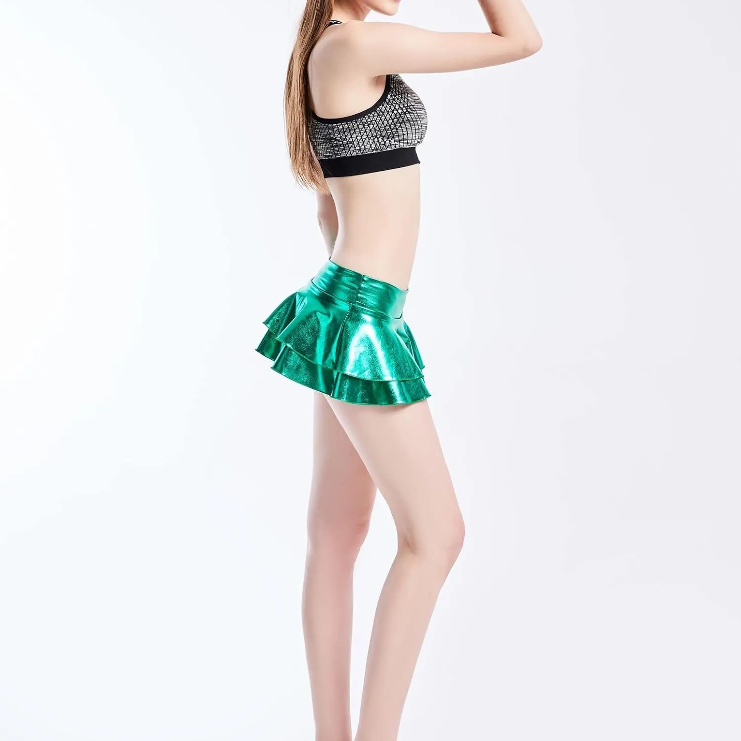 Women's Metallic Mini Skirt Pleated Ruffle Micro Skort Fashion Frilly Tiered Halloween Costume Short Scooter Skirts