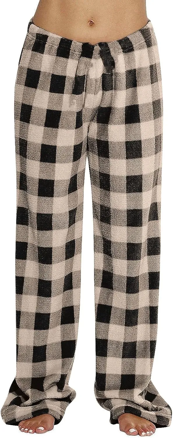 Women's Pajama Bottoms Fuzzy Buffalo Plaid Pajama Pants Comfy Sherpa Flannel Pajama Pants Casual Cozy Wide Leg Trousers