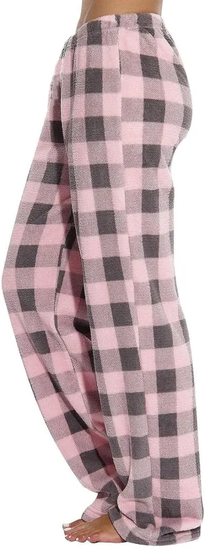 Women's Pajama Bottoms Fuzzy Buffalo Plaid Pajama Pants Comfy Sherpa Flannel Pajama Pants Casual Cozy Wide Leg Trousers