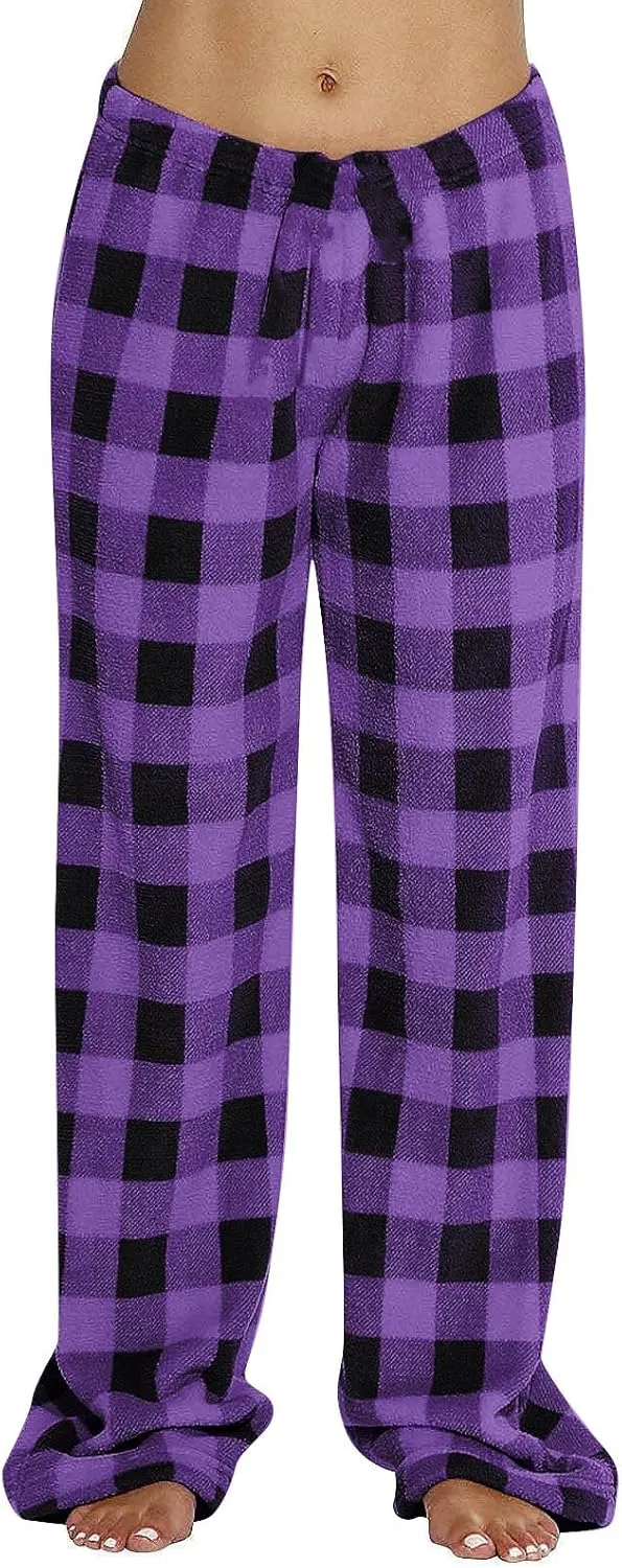 Women's Pajama Bottoms Fuzzy Buffalo Plaid Pajama Pants Comfy Sherpa Flannel Pajama Pants Casual Cozy Wide Leg Trousers