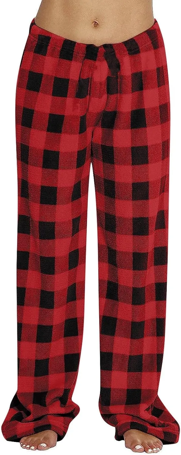 Women's Pajama Bottoms Fuzzy Buffalo Plaid Pajama Pants Comfy Sherpa Flannel Pajama Pants Casual Cozy Wide Leg Trousers