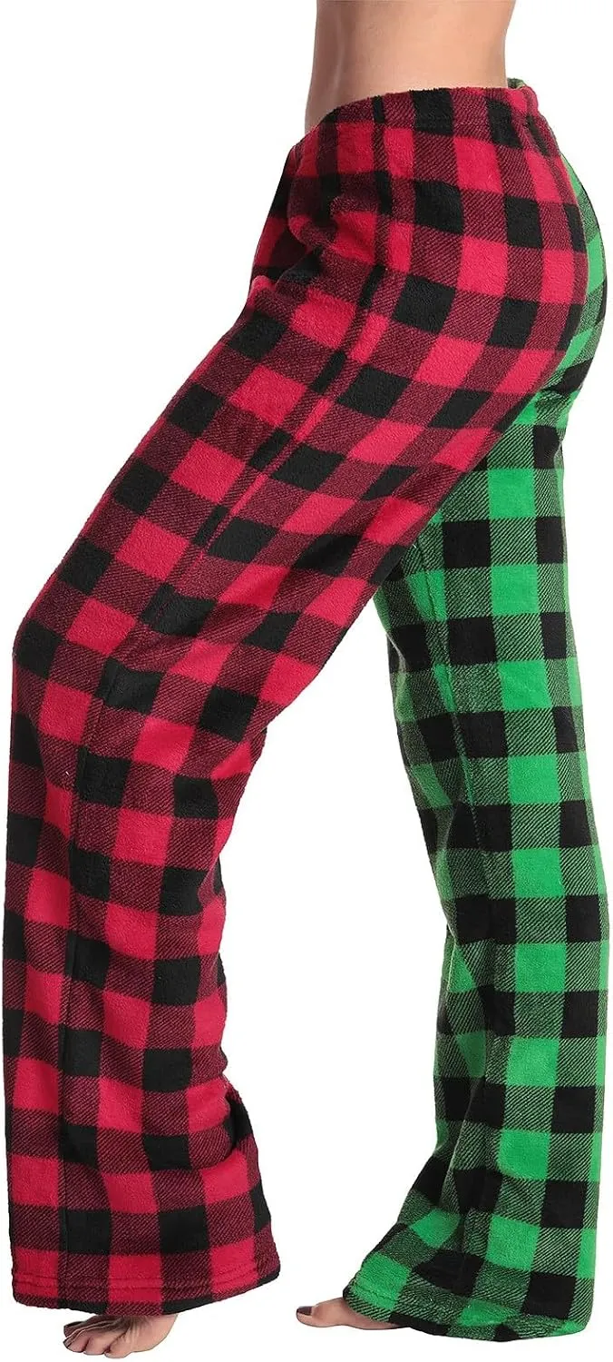 Women's Pajama Bottoms Fuzzy Buffalo Plaid Pajama Pants Comfy Sherpa Flannel Pajama Pants Casual Cozy Wide Leg Trousers