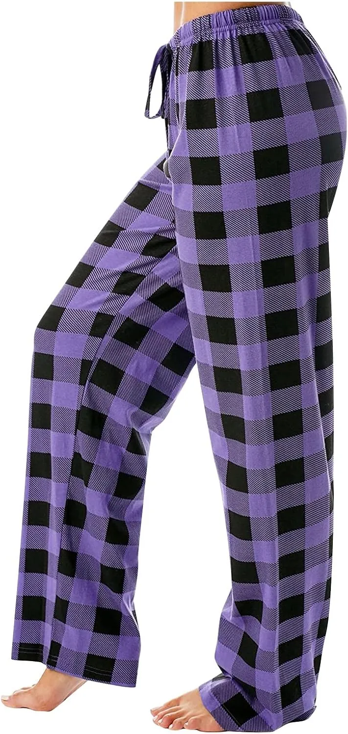 Womens Pajama Pants Cozy Wide Leg Lounge Stretch Plaid Pjs Plus Size Unisex Soft Family Checkered Fleece