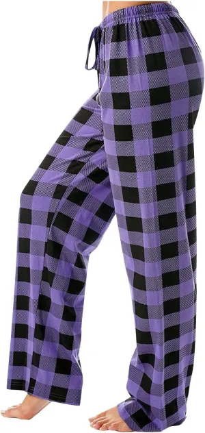 Womens Pajama Pants Cozy Wide Leg Lounge Stretch Plaid Pjs Plus Size Unisex Soft Family Checkered Fleece