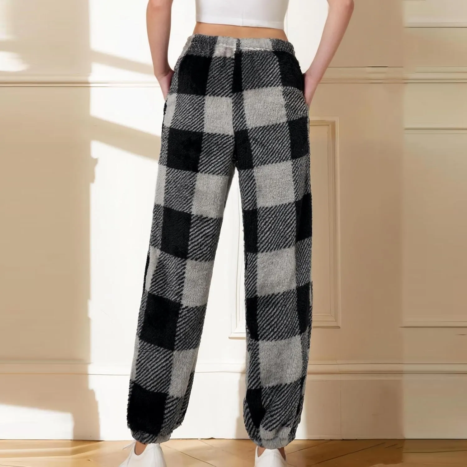 Womens Pajama Pants with Pockets Fuzzy Plaid Pants Soft Comfy Lounge Trousers Bell Bottom Sleep Clothing