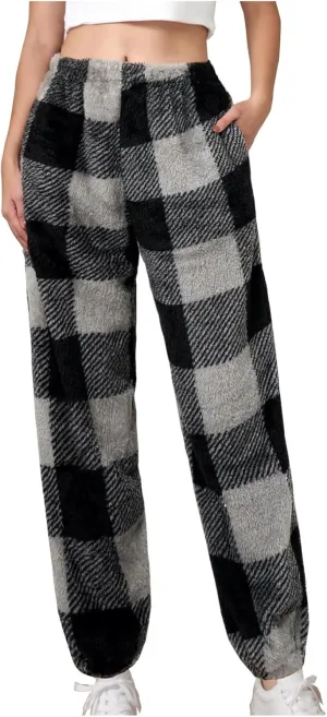 Womens Pajama Pants with Pockets Fuzzy Plaid Pants Soft Comfy Lounge Trousers Bell Bottom Sleep Clothing