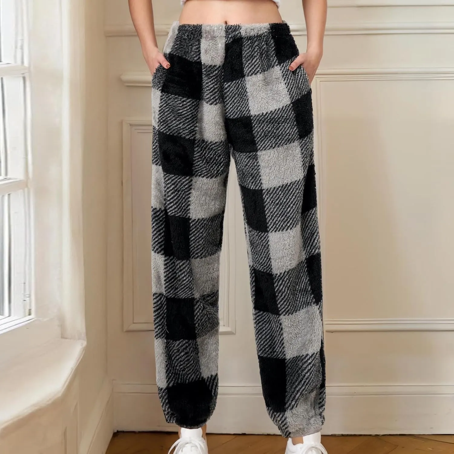 Womens Pajama Pants with Pockets Fuzzy Plaid Pants Soft Comfy Lounge Trousers Bell Bottom Sleep Clothing
