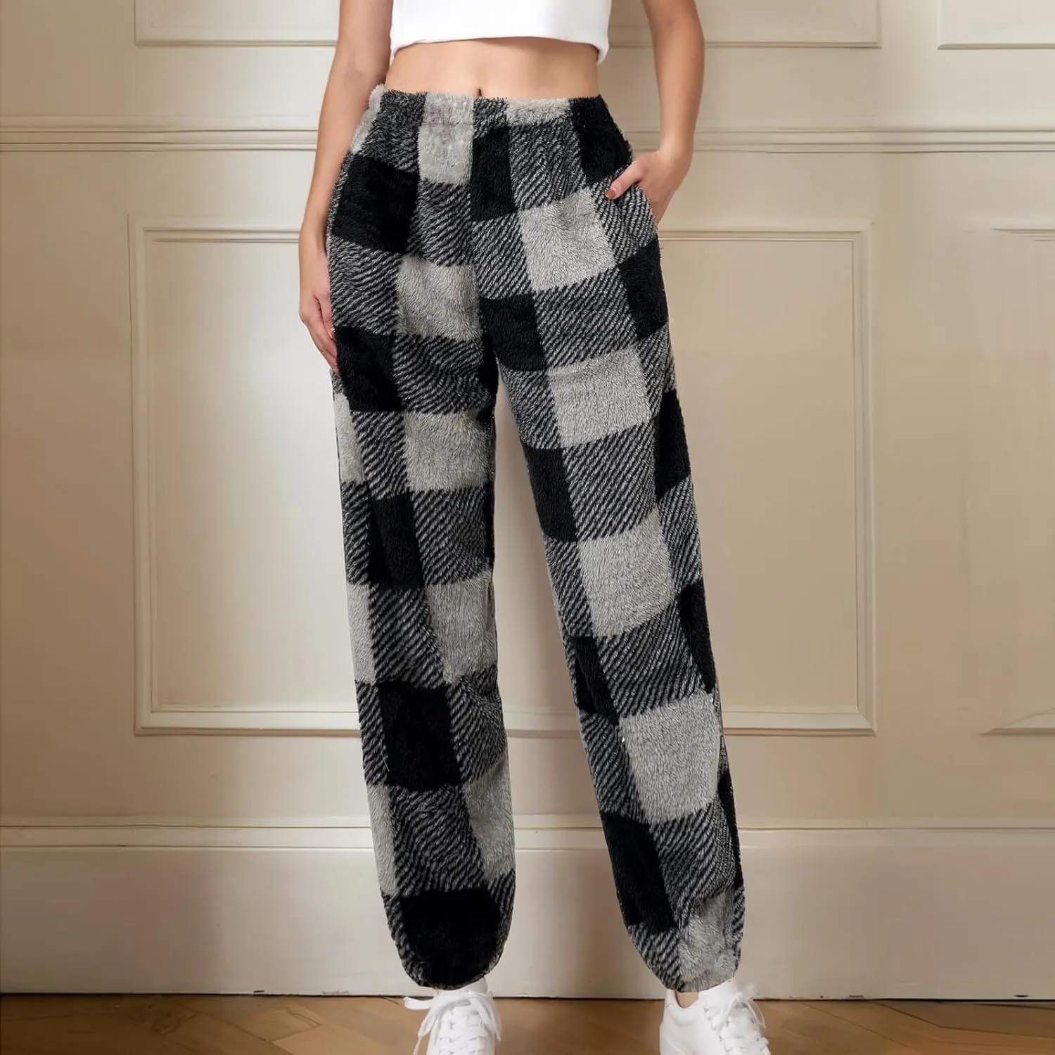 Womens Pajama Pants with Pockets Fuzzy Plaid Pants Soft Comfy Lounge Trousers Bell Bottom Sleep Clothing