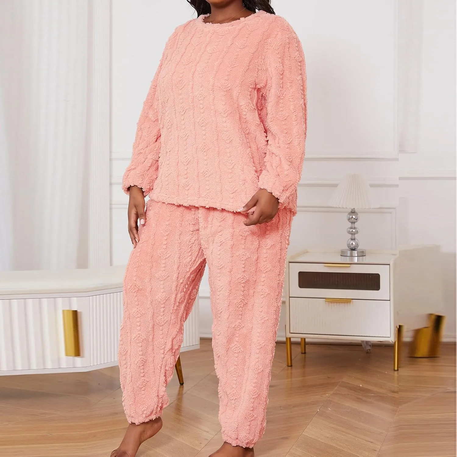 Womens Pajama Sets, Cute Winter Lounge Sets Kawaii Bear Fleece Button Fuzzy Shirts Pajama Pants Loungewear with Pockets
