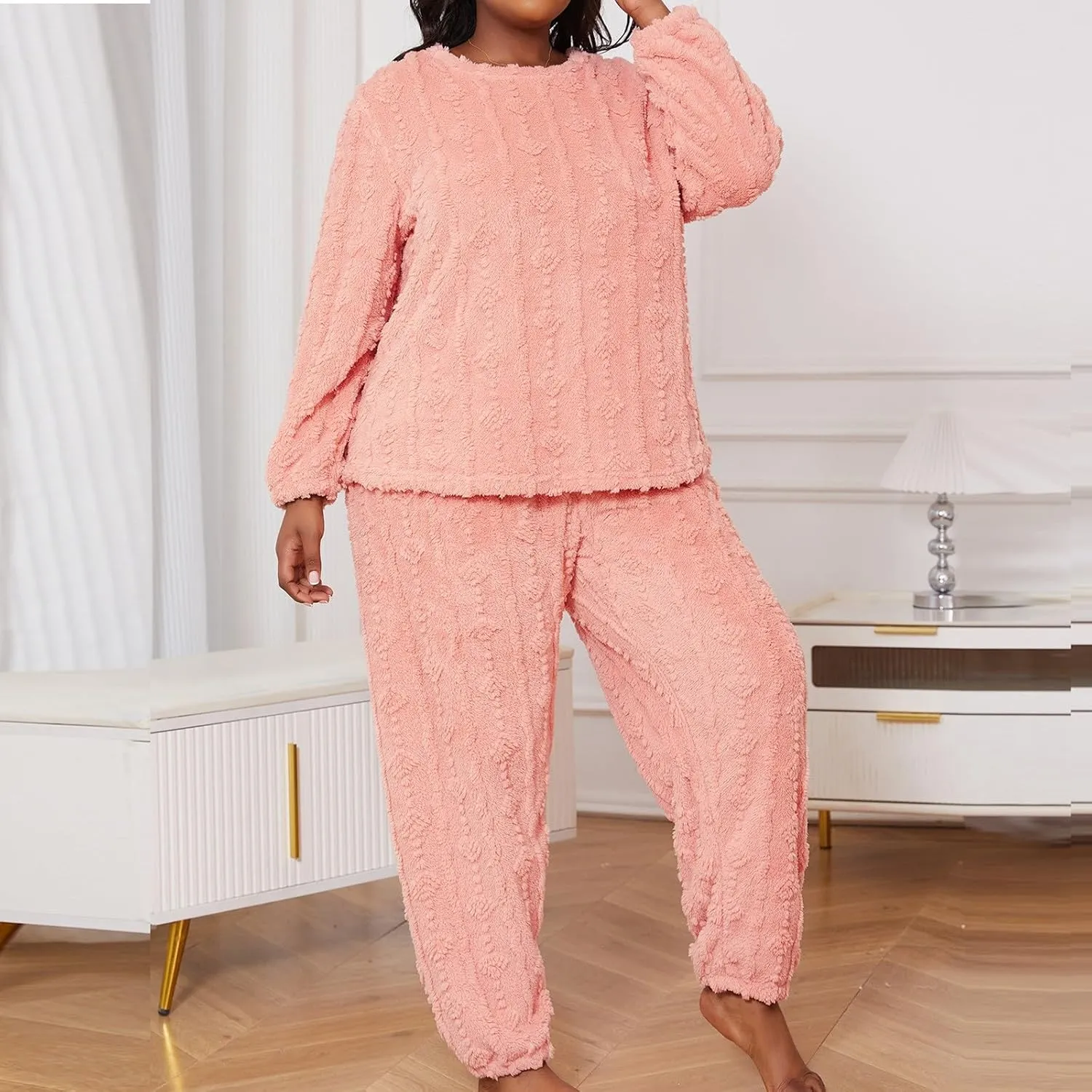Womens Pajama Sets, Cute Winter Lounge Sets Kawaii Bear Fleece Button Fuzzy Shirts Pajama Pants Loungewear with Pockets