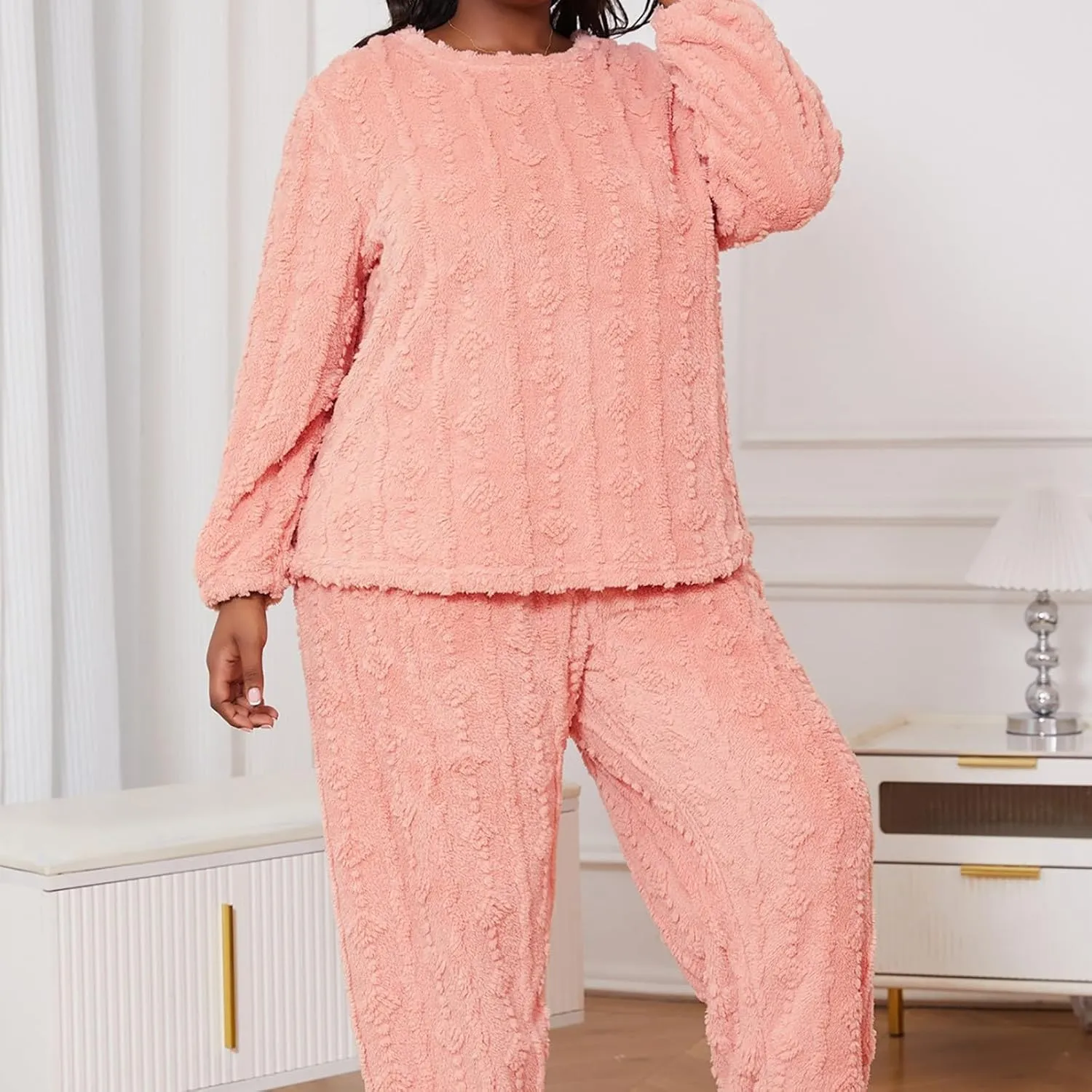 Womens Pajama Sets, Cute Winter Lounge Sets Kawaii Bear Fleece Button Fuzzy Shirts Pajama Pants Loungewear with Pockets