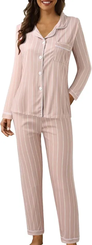 Womens Pajama Sets Soft Sleepwear Button Up Sleepwear Soft Lightweight Comfy 2 Piece Pj Outfit Fall Sleepwear
