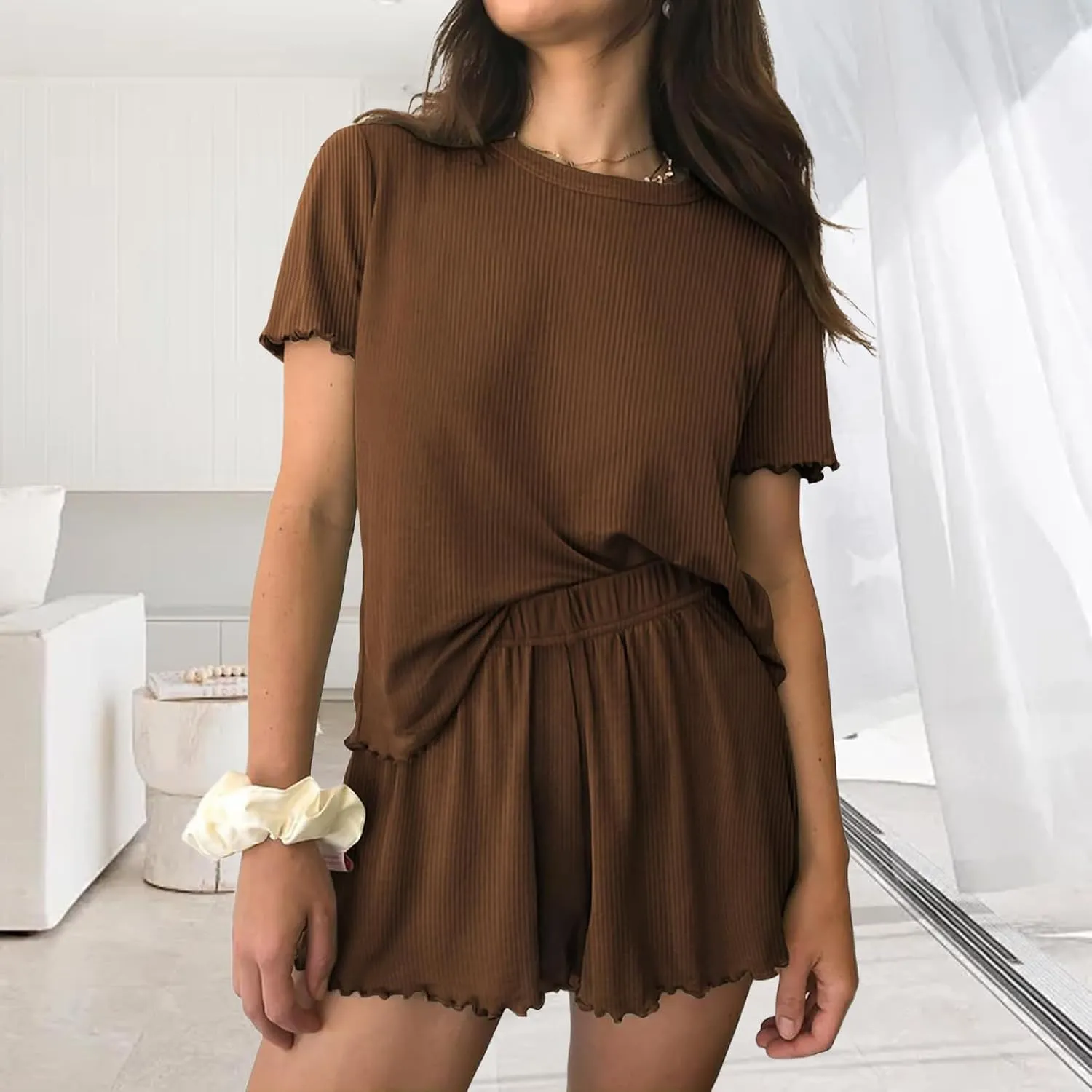 Womens Pajamas 2 Piece Ribbed Knit Pjs Short Sleeve Sleepwear Set Summer Soft Pajamas Set Summer Lounge Shorts Sets