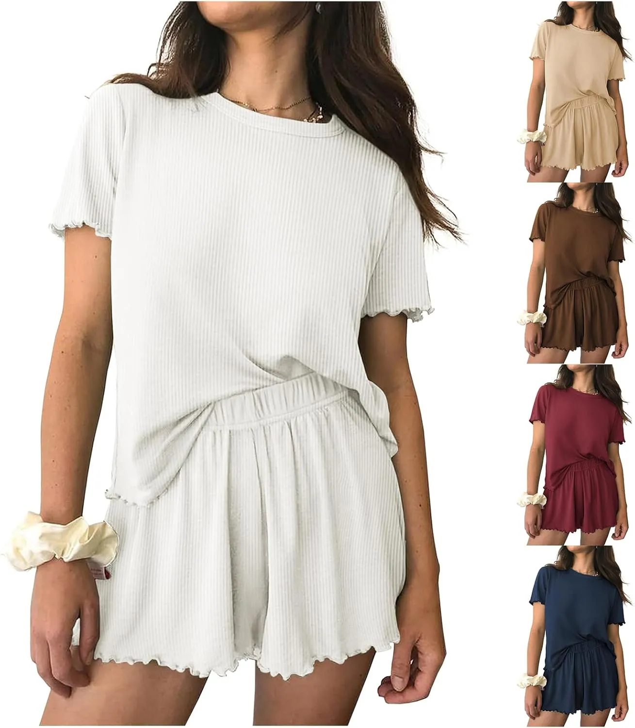 Womens Pajamas 2 Piece Ribbed Knit Pjs Short Sleeve Sleepwear Set Summer Soft Pajamas Set Summer Lounge Shorts Sets