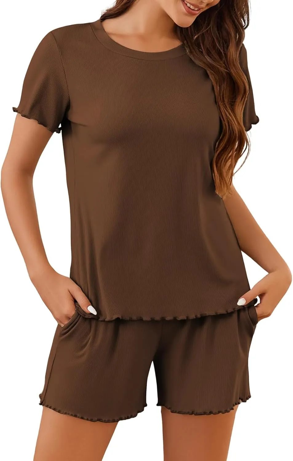 Womens Pajamas 2 Piece Ribbed Knit Pjs Short Sleeve Sleepwear Set Summer Soft Pajamas Set Summer Lounge Shorts Sets