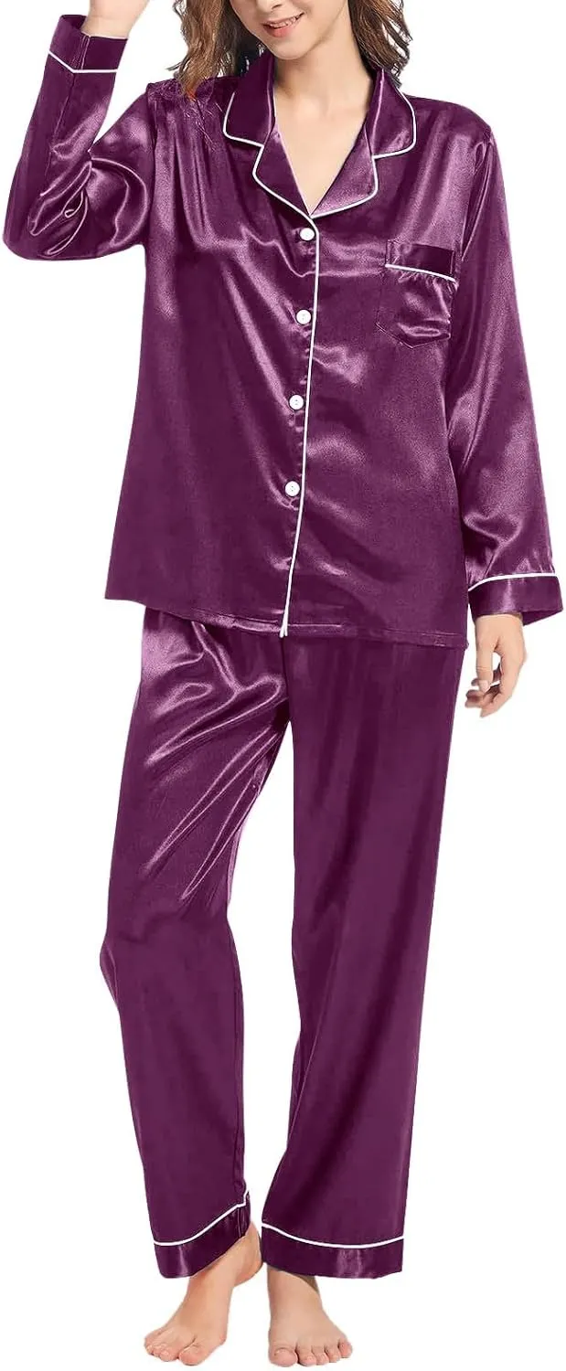 Womens Pajamas Set Sleepwear Button Up Sleepwear Soft Lightweight Comfy Long Pants Loungewear Two-Piece Sleepwear Pj
