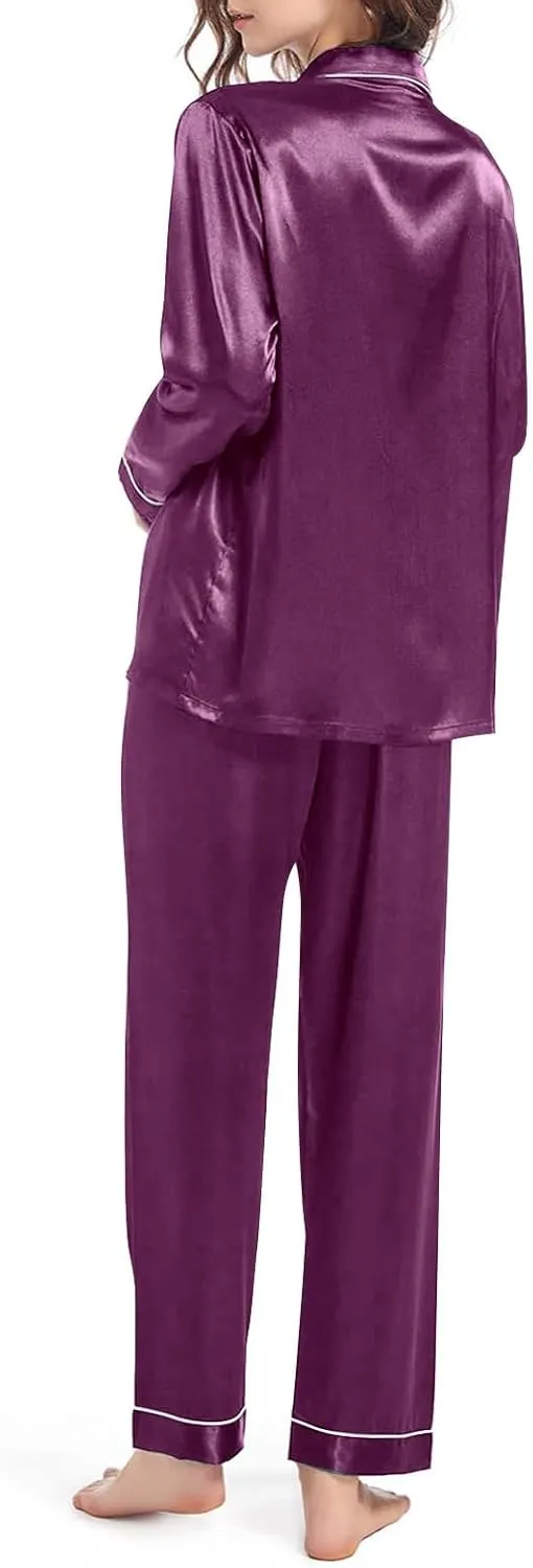 Womens Pajamas Set Sleepwear Button Up Sleepwear Soft Lightweight Comfy Long Pants Loungewear Two-Piece Sleepwear Pj