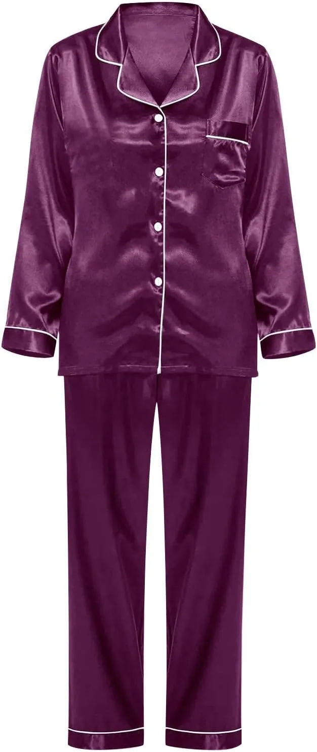 Womens Pajamas Set Sleepwear Button Up Sleepwear Soft Lightweight Comfy Long Pants Loungewear Two-Piece Sleepwear Pj