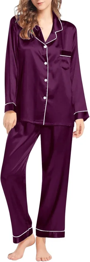 Womens Pajamas Set Sleepwear Button Up Sleepwear Soft Lightweight Comfy Long Pants Loungewear Two-Piece Sleepwear Pj
