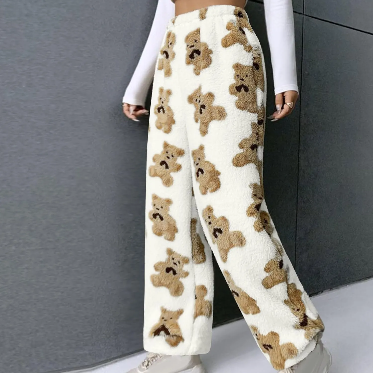 Womens Pants Pajamas Nightgowns for Women Fleece Lined Wool Flannel Cute Thermal Fuzzy Flare Wide Leg 2025