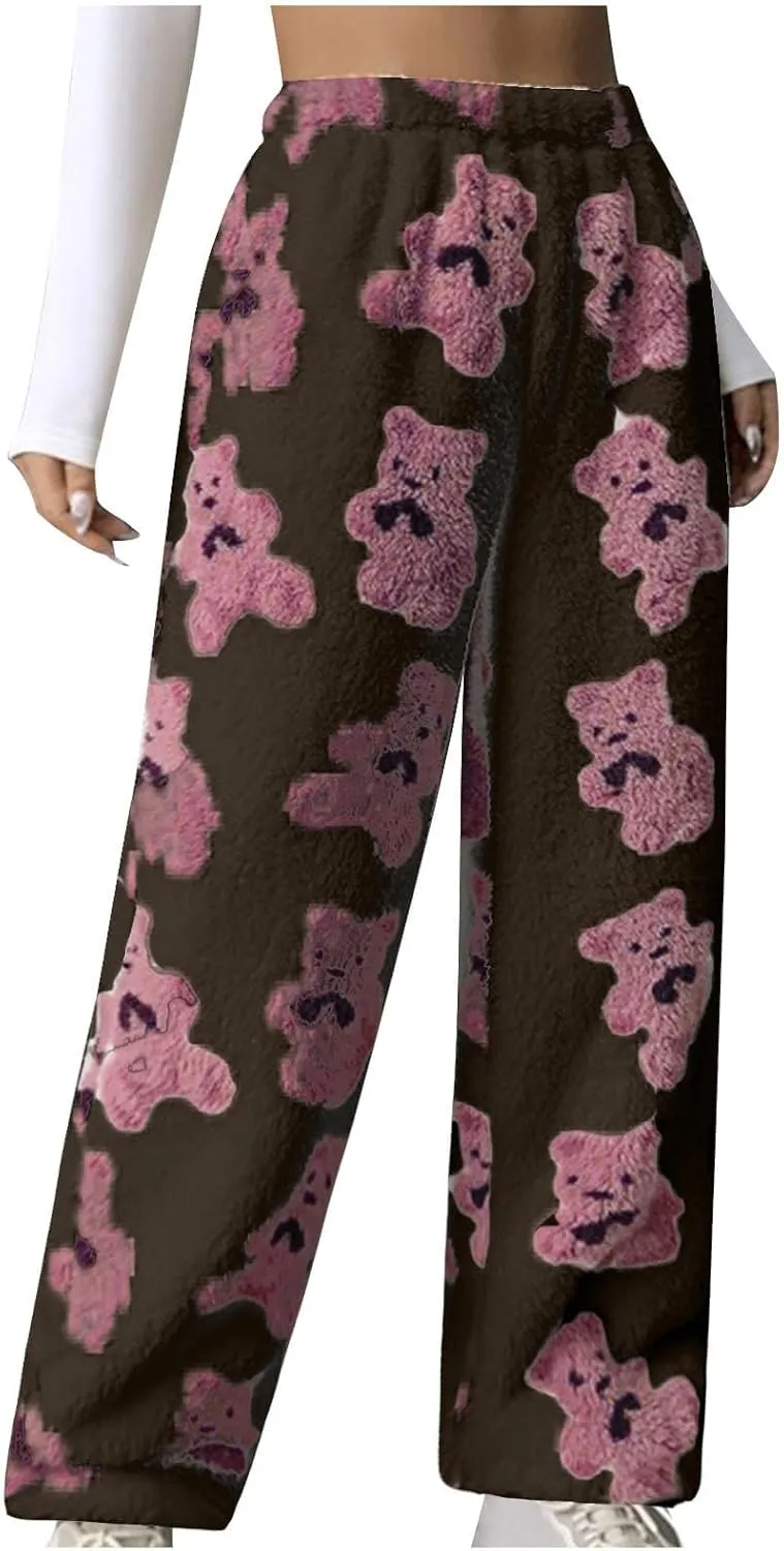 Womens Pants Pajamas Nightgowns for Women Fleece Lined Wool Flannel Cute Thermal Fuzzy Flare Wide Leg 2025