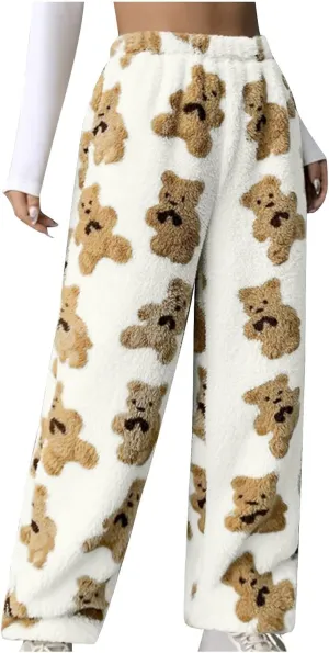 Womens Pants Pajamas Nightgowns for Women Fleece Lined Wool Flannel Cute Thermal Fuzzy Flare Wide Leg 2025